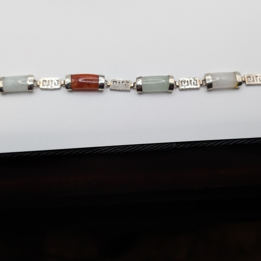 Vintage Chinese 925 Sterling Silver Muti-Color Jade & Chinese GOOD luck Bracelet - Picture 10 of 15
